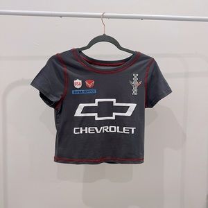 Grey chevrolet crop top with red stitching